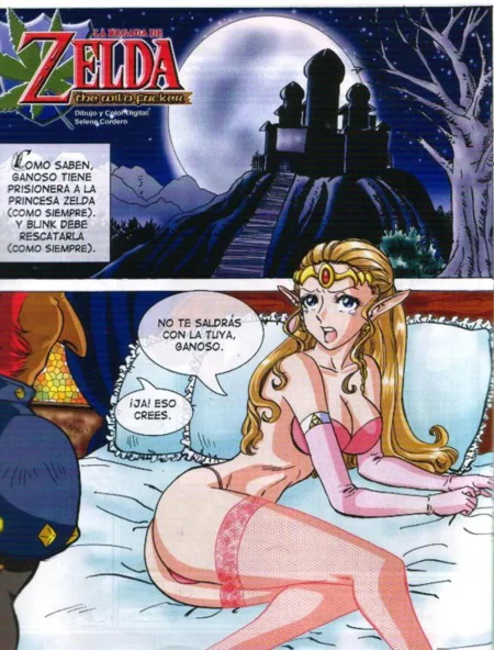 Cómic erótico de Zelda con lencería rosa, medias red y pechos semiexpuestos recostada en una cama mientras es cautivada.