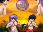 Dos mujeres anime con pechos desnudos y shorts ajustados se enfrentan en un duelo erótico bajo un cielo anaranjado.