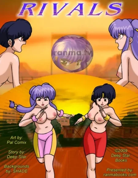 Dos mujeres anime con pechos desnudos y shorts ajustados se enfrentan en un duelo erótico bajo un cielo anaranjado.