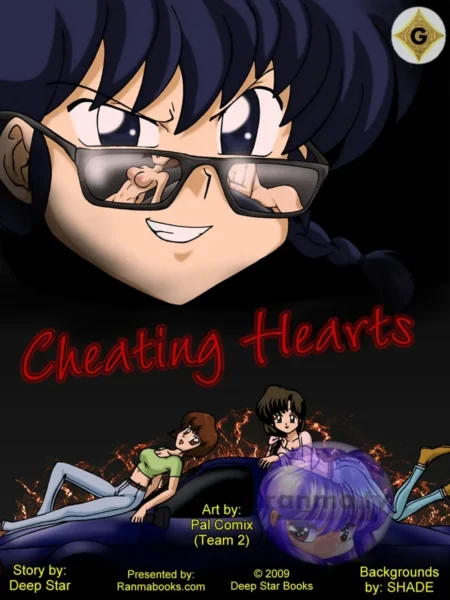 Portada de cómic erótico Cheating Hearts con mujer observando sexo explícito a través de sus gafas y mujeres desnudas.