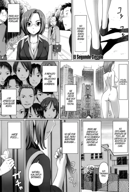 Páginas de manga con una mujer joven y atractiva hablando de su popularidad y su cuerpo perfecto.