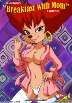 Mujer antropomórfica pelirroja con aretes dorados, blusa rosa abierta, senos y bragas blancas, fondo morado