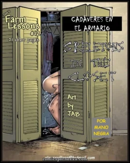 Farm Lessons #12: Cadáveres en el Armario, 21 págs color, arte explícito de JAB, hombre en armario con erección visible entre ropa colgada