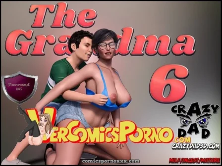 Abuela con sujetador azul desabrochado y shorts vaqueros, hombre en camiseta verde la abraza en portada de The Grandma 6