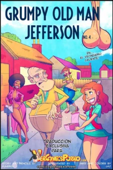 El Viejo Jefferson con pene erecto y barriga grande con mujeres en lencería rosa, azul y verde repartiendo cajas