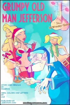 Viejo Jefferson con tres mujeres en trajes de Santa: lencería roja, pañuelo verde, senos al aire, manos en tetas y traseros.