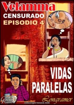 Velamma en sari rojo habla por teléfono, en su burbuja mental un hombre le toca los pechos, escena censurada Episodio 4