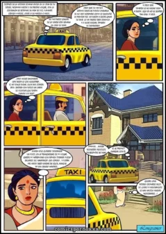 Velamma chupa el pene del taxista mientras él la folla en el asiento trasero del taxi amarillo con pasión y gemidos altos