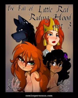 Tres mujeres desnudas: pelirroja pícara, rubia con corona y morena con flor morada, junto a lobo negro sudoroso en acto sexual explícito.