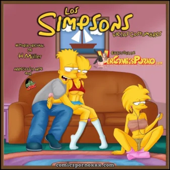 Bart follando a mujer con sujetador rojo y shorts azules en sofá mientras otra se masturba con consolador rosa, fondo Los Simpsons Viejas Costumbres