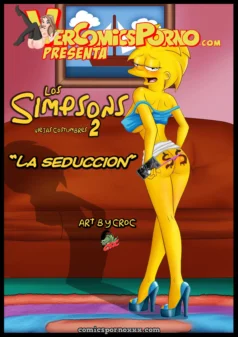 Mujer amarilla de Los Simpson en tanga blanco con corazón, sujetador azul, tacones altos y cámara, seduciendo con piernas abiertas en sofá rojo