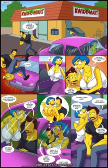 Mujer de pelo azul chupando polla a hombre en coche rosa frente a Kwik-E-Mart con golpes y gemidos explícitos