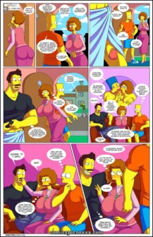 Homer chupando pechos de Marge mientras otros personajes follan en posturas sexuales explícitas con gemidos y manos en sus cuerpos